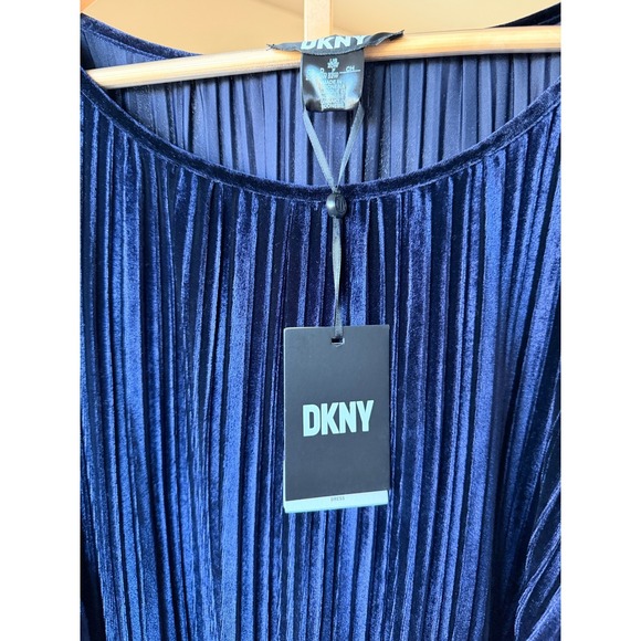 DKNY Womens Plus Size 20W Navy Blue Velvet Pleated Midi Dress Belted - Picture 4 of 7
